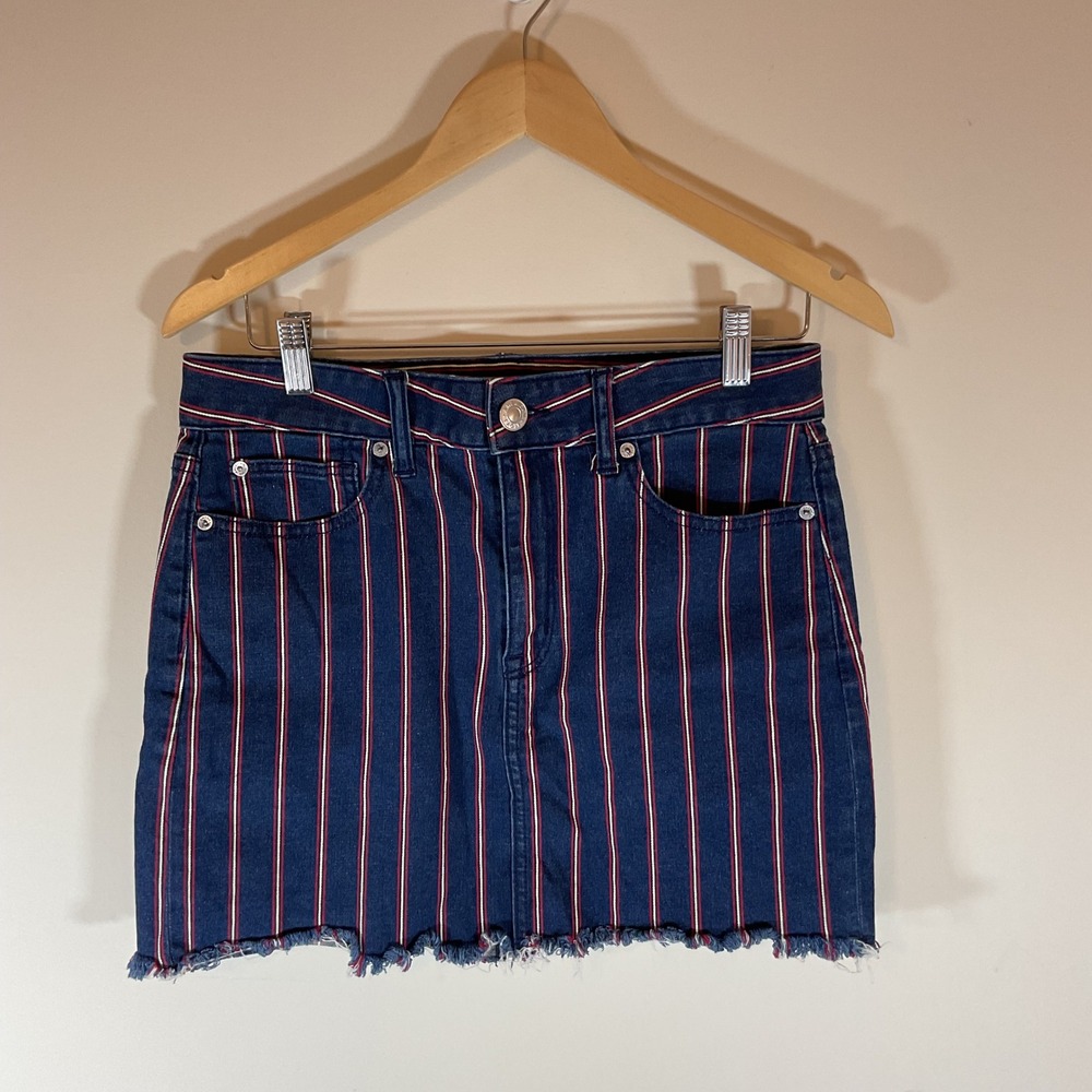 American Eagle Super Stretch Striped Denim Mini Skirt Dark Wash Red White Sz 6